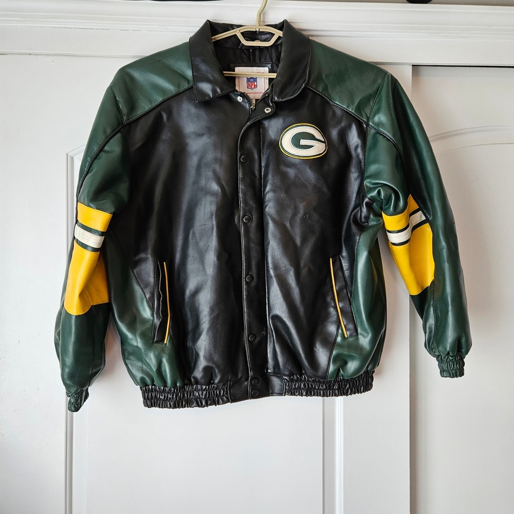 NFL Green Bay Packers Bomber Jacket Mens XL Green Black Faux‎ Leather Varsity
